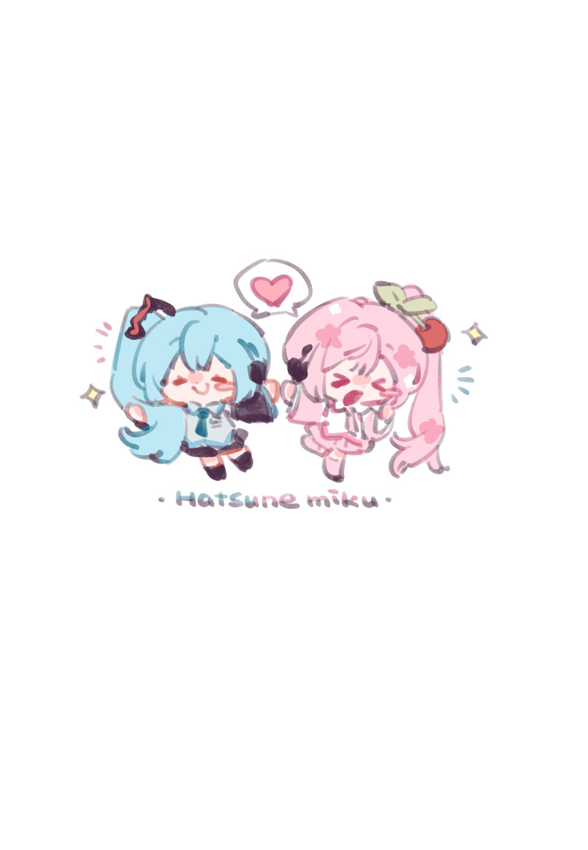 &gt;_&lt; 2girls ^_^ bare_shoulders black_boots black_skirt black_sleeves blue_hair blue_necktie blush_stickers boots breast_pocket character_name cherry_hair_ornament chibi closed_eyes closed_mouth collared_shirt commentary detached_sleeves dual_persona eyelashes food-themed_hair_ornament grey_shirt hair_ornament happy hatsune_miku hatsune_miku_(noodle_stopper) headphones heart highres holding_hands knee_boots leaf_hair_ornament liangqi_shi long_hair long_sleeves meme miniskirt multiple_girls necktie notice_lines open_mouth outstretched_arms pink_boots pink_hair pink_necktie pink_skirt pleated_skirt pocket pointing sakura_miku sakura_miku_(noodle_stopper) shared_speech_bubble shirt side_ponytail sidetail_miku_noodle_stopper_(meme) simple_background single_blush_sticker skirt sleeveless sleeveless_shirt smile sparkle speech_bubble spoken_heart very_long_hair vocaloid white_background white_shirt white_sleeves wide_sleeves