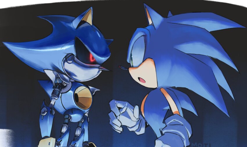 2boys animal_ears animal_nose artist_name black_sclera colored_sclera commentary english_commentary from_side gloves green_eyes hedgehog_boy male_focus metal_sonic multiple_boys open_mouth red_eyes robot sonic_(series) sonic_the_hedgehog supsross white_gloves