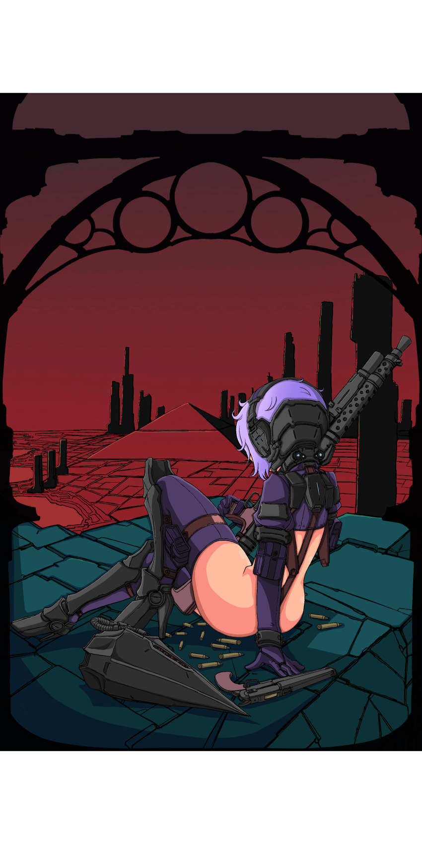 1girl absurdres ammunition ammunition_pouch ass assault_rifle beyond_citadel boots bullet crotch_strap doekuramori from_behind game_cg gun hand_on_ground handgun headset helmet high_heel_boots high_heels highres holding holding_weapon holster martyr_(the_citadel) non-web_source official_art pouch purple_hair pyramid_(structure) revealing_clothes rifle short_hair shoulder_holster sitting solo the_citadel thighhighs unworn_headwear unworn_helmet weapon