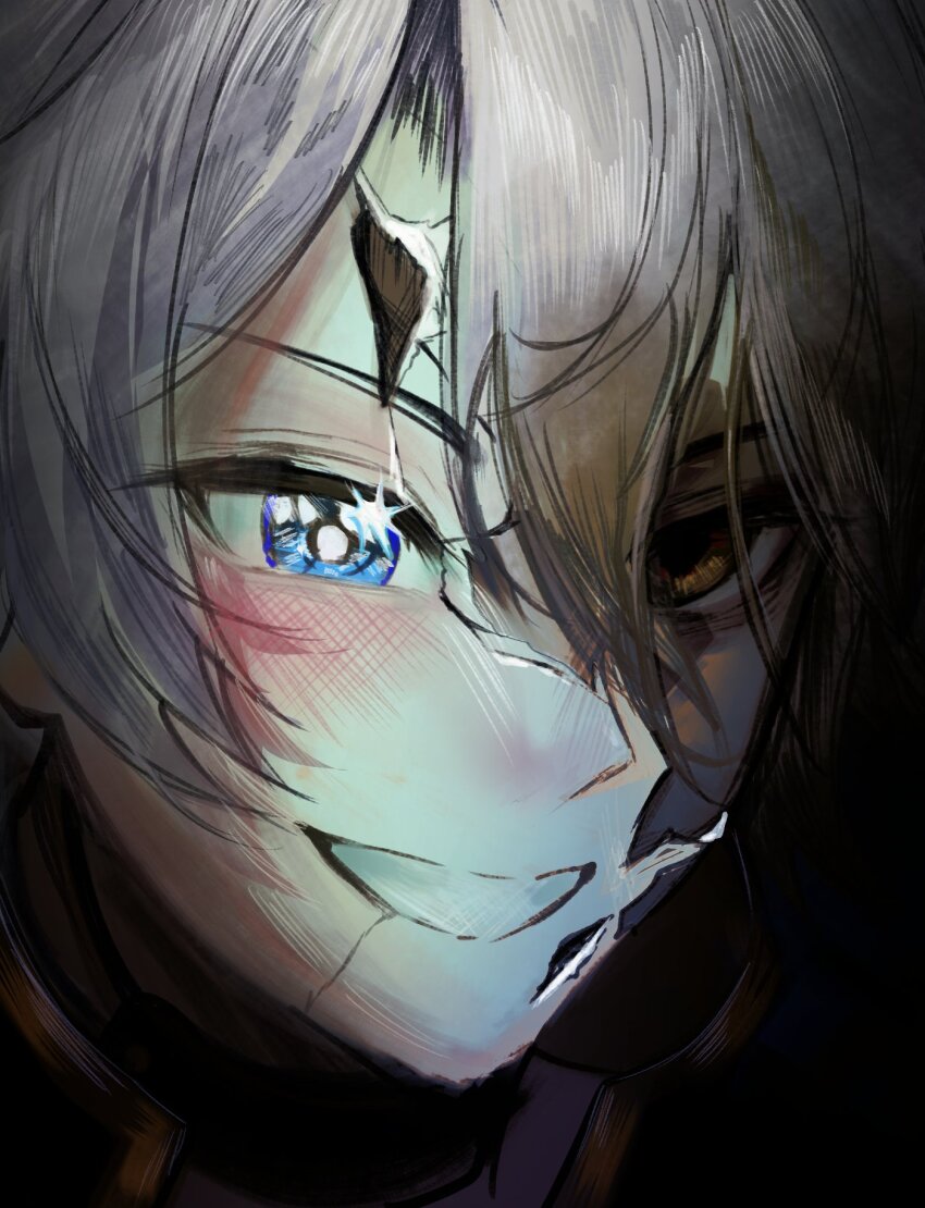 1boy :d blue_eyes blush cracked_mask dual_persona empty_eyes hair_between_eyes hashtag-only_commentary highres honkai:_star_rail honkai_(series) kanako_(fuwachu) male_focus open_mouth phainon_(honkai:_star_rail) phainon_(khaslana)_(honkai:_star_rail) portrait smile sparkling_eyes white_hair yellow_eyes