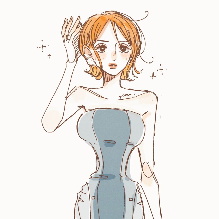 1girl alternate_costume artist_name bare_arms bare_shoulders black_eyes blue_dress blush breasts collarbone cowlick dress expressionless female_focus hand_to_head highres jewelry large_breasts lips looking_at_viewer nami_(one_piece) narrow_waist one_piece orange_hair parted_lips pastel_colors ring short_hair simple_background solo sparkle standing strapless strapless_dress tareme upper_body white_background yoru_onp
