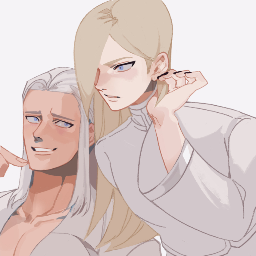 2boys arm_up black_nails blonde_hair blue_eyes collarbone collared_shirt commentary finger_to_mouth hair_intakes hair_over_one_eye hand_in_own_hair hexermer highres long_hair looking_ahead looking_at_another looking_to_the_side magaki_(kof) male_focus multiple_boys nail_polish one_eye_covered open_clothes open_shirt pants parted_lips pectorals saiki_(kof) shirt sideways_glance simple_background smile teeth the_king_of_fighters the_king_of_fighters_xiii upper_body white_background white_hair white_pants white_shirt white_theme wide_sleeves