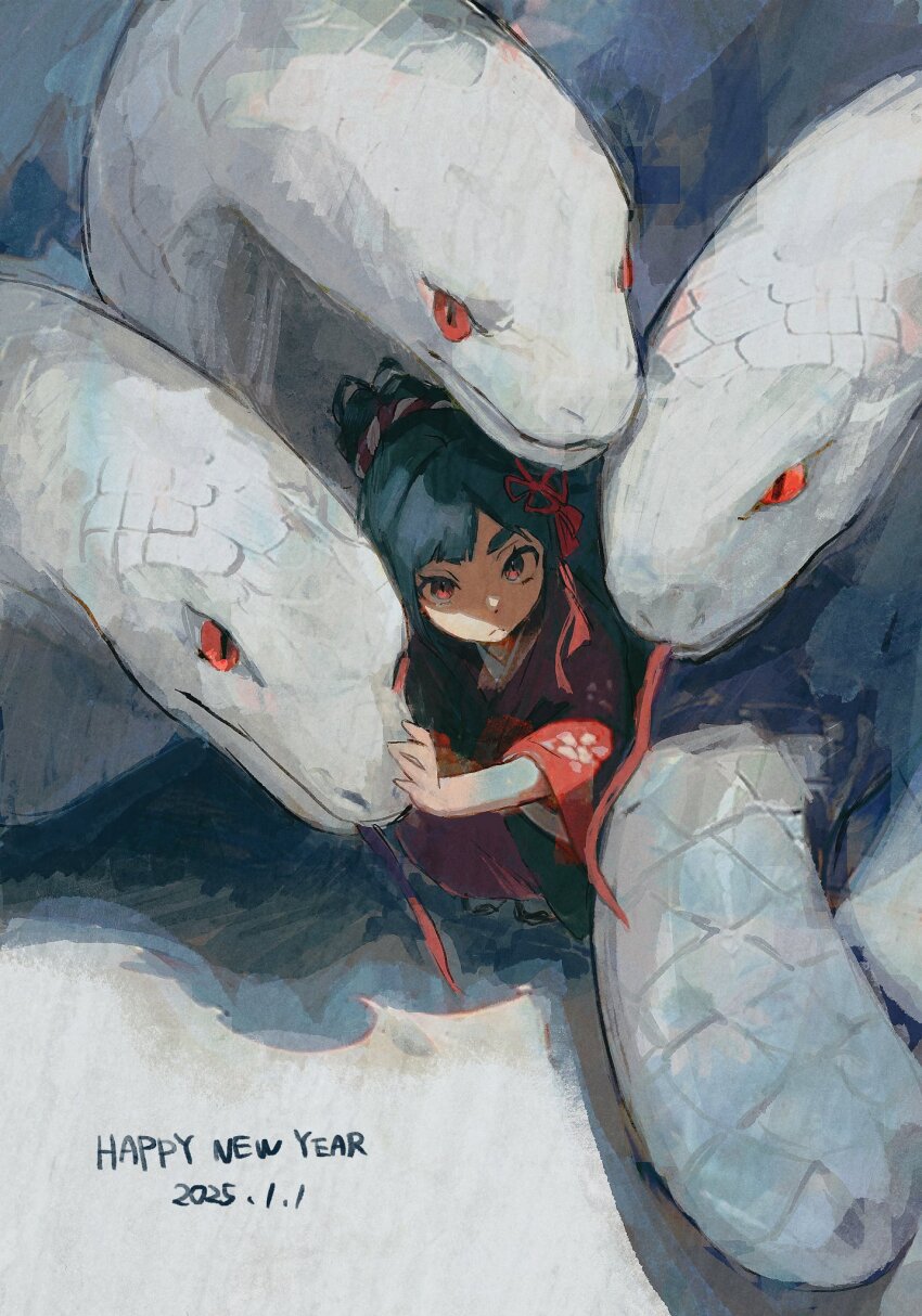 1girl animal black_hair chinese_zodiac dated frown giant_snake hair_bun hair_ornament happy_new_year highres japanese_clothes kimono looking_at_viewer new_year original oversized_animal print_kimono red_eyes red_kimono scales snake solo soma_michiko squatting thick_eyebrows white_snake year_of_the_snake