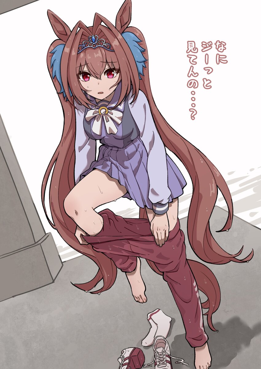 1girl absurdres animal_ears brown_hair crown daiwa_scarlet_(umamusume) full_body hair_ornament highres horse_ears horse_girl horse_tail long_hair long_sleeves looking_at_viewer miniskirt oxymoron_0213 pants red_eyes red_pants sailor_collar school_uniform skirt tail tracen_school_uniform tracen_training_uniform twintails umamusume undressing