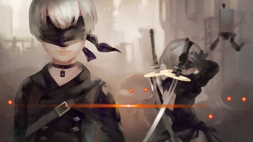 1boy 1girl 2b_(nier:automata) 9s_(nier:automata) black_blindfold black_dress black_jacket blindfold choker covered_eyes dress facing_viewer glowing glowing_eyes grey_hair highres jacket machine_(nier) nier:automata nier_(series) pod_(nier:automata) red_eyes robot satomatoma short_hair smile surrounded virtuous_contract