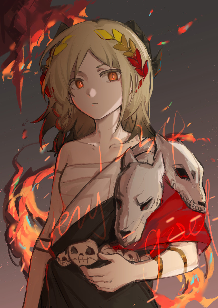 1girl absurdres animal_skull arknights bare_shoulders blonde_hair chest_sarashi chinese_commentary closed_mouth collarbone commentary_request cosplay expressionless fire greco-roman_clothes hades_(series) highres ifrit_(arknights) laurel_crown looking_at_viewer medium_hair orange_eyes parted_bangs roman_clothes sarashi solo sparklings_(1234_hen_hao_chi) watermark zagreus_(hades) zagreus_(hades)_(cosplay)