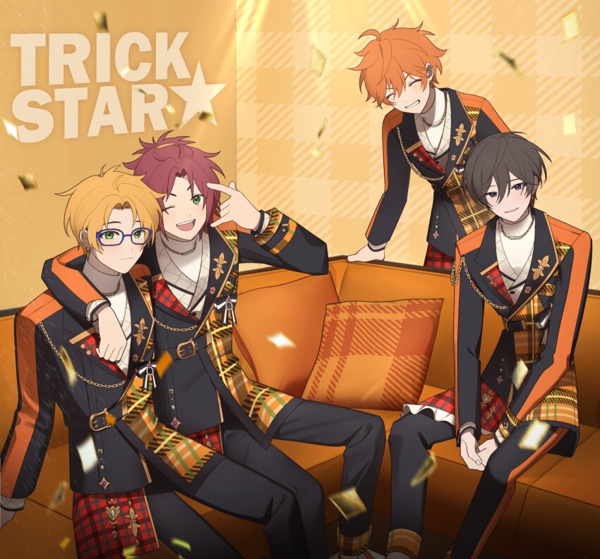 4boys akehoshi_subaru arm_on_another&#039;s_shoulder arms_between_legs bbahot black_hair black_jacket black_pants blonde_hair blue-framed_eyewear closed_eyes closed_mouth confetti couch ensemble_stars! glasses green_eyes hair_between_eyes half_updo hidaka_hokuto highres isara_mao jacket jewelry korean_commentary looking_at_viewer multiple_boys necklace official_alternate_costume on_couch one_eye_closed open_mouth orange_hair pants pillow red_hair short_hair sitting smile teeth trickstar_(ensemble_stars!) turtleneck upper_teeth_only yuuki_makoto_(ensemble_stars!)