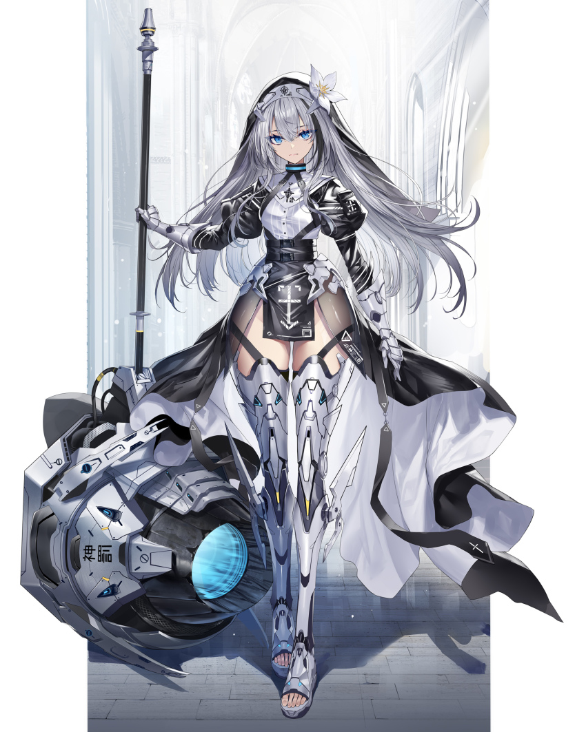 1girl absurdres armor armored_dress blue_eyes breasts cleric dress engine engineer flower hair_flower hair_ornament headdress heirou highres nun original small_breasts solo thick_thighs thighhighs thighs white_hair white_thighhighs
