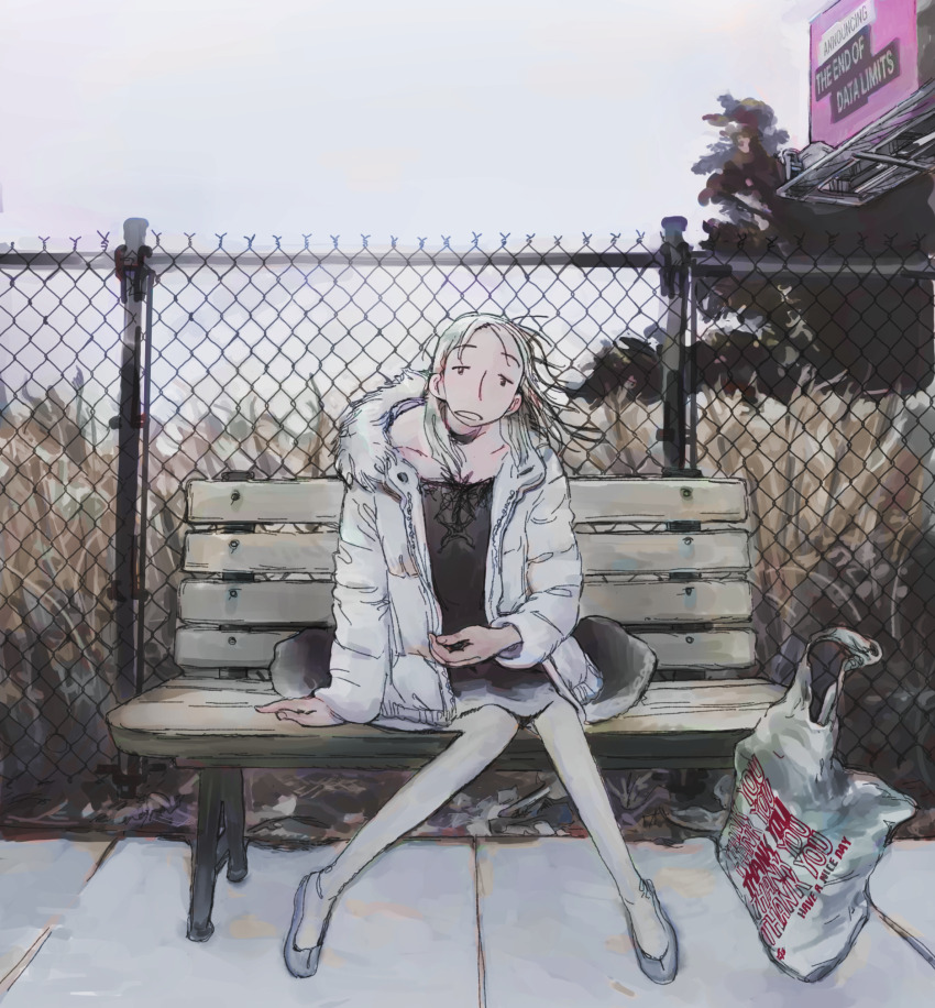 1girl arm_support bag ballerina billboard black_choker black_dress black_eyes blonde_hair bored chain-link_fence choker commentary day down_jacket dress dry_grass english_commentary english_text feason fence floating_hair full_body fur-trimmed_jacket fur_trim grass hand_on_lap highres jacket long_sleeves looking_at_viewer no_sclera on_bench open_clothes open_jacket open_mouth original outdoors overcast pantyhose plastic_bag short_dress sitting sky solo tall_grass white_jacket white_pantyhose