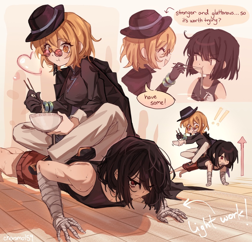 2girls bandaged_hand black_gloves black_hair bowl cheromo159 don_quixote_(project_moon) eating exercising food glasses gloves hat holding holding_bowl limbus_company multiple_girls noodles project_moon push-ups ryoshu_(project_moon) sitting sitting_on_person sweat