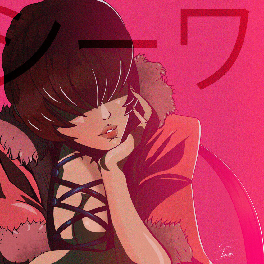 1girl breasts cleavage_cutout clothing_cutout female_focus fishnets fluffy glowing huge_breasts jacket large_breasts long_hair pale_skin parada_sebas parada_sebastian ponytail red_hair sebastian_parada shermie_(kof) the_king_of_fighters thick_lips
