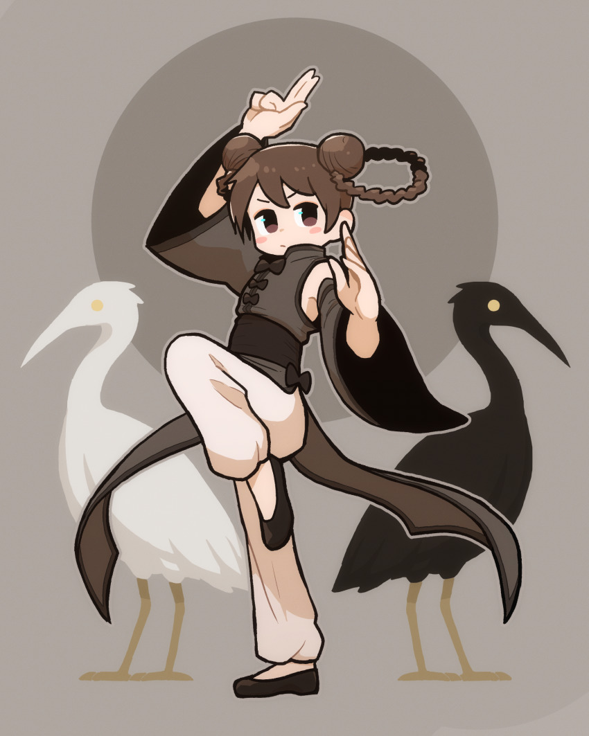 1girl animal arm_up armpit_peek bare_shoulders bird black_shoes blush_stickers braid braided_hair_rings brown_eyes brown_hair chinese_clothes circle closed_mouth commentary_request detached_sleeves double_bun dress flats full_body grey_background grey_dress hair_bun hair_rings hands_up heron highres knee_up original pants pelvic_curtain pose_request puffy_pants sash shoes solo standing standing_on_one_leg takurada v-shaped_eyebrows white_pants wide_sleeves