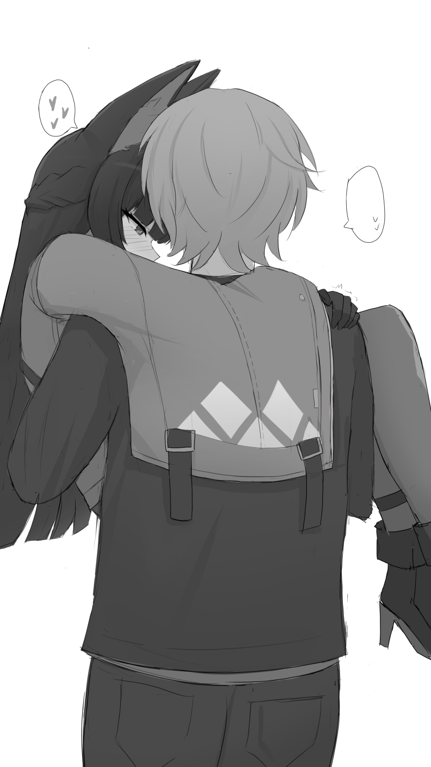 1boy 1girl absurdres animal_ears blush carrying fox_ears from_behind gripping_clothes hand_on_another&#039;s_shoulder heart hetero high_heels highres hoshimi_miyabi jacket long_hair monochrome namikare pantyhose princess_carry spoken_heart spoken_sweatdrop sweatdrop wise_(zenless_zone_zero) zenless_zone_zero