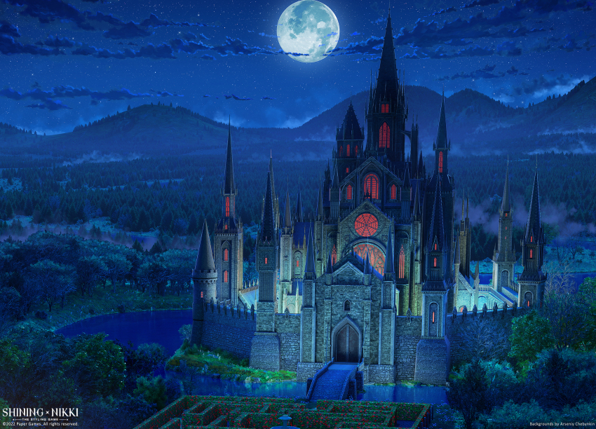 3d architecture arsenixc building castle cloud commentary commentary_request copyright_name copyright_notice defensive_wall drawbridge english_commentary flower fog forest fountain full_moon gothic_architecture hedge_maze highres landscape mixed-language_commentary moon moonlight nature night night_sky nikki_(series) no_humans official_art red_flower reflection reflective_water river scenery shining_nikki sky star_(sky) starry_sky tower window