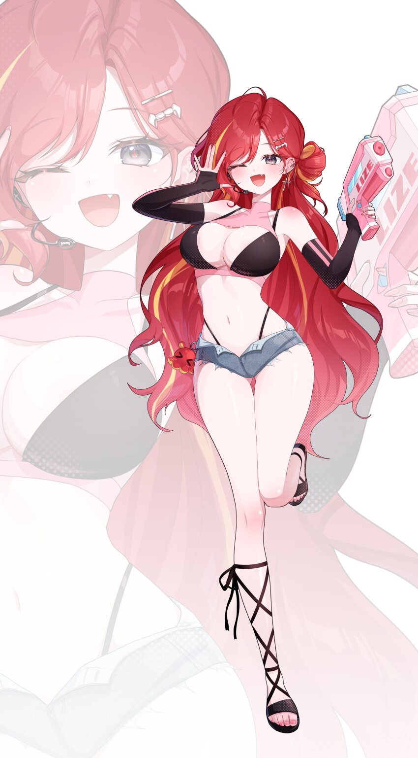 1girl absurdres akane_lize bare_shoulders bikini black_bikini black_gloves black_sandals blonde_hair breasts charachan900 cleavage earrings elbow_gloves fate_(series) fingerless_gloves full_body gloves green_eyes highres holding holding_water_gun jewelry large_breasts leg_wrap long_hair mole mole_on_cheek mole_under_eye multicolored_hair one_eye_closed open_mouth red_hair sandals short_shorts shorts simple_background smile solo standing standing_on_one_leg stellive streaked_hair swimsuit thighs very_long_hair virtual_youtuber water_gun white_background zoom_layer