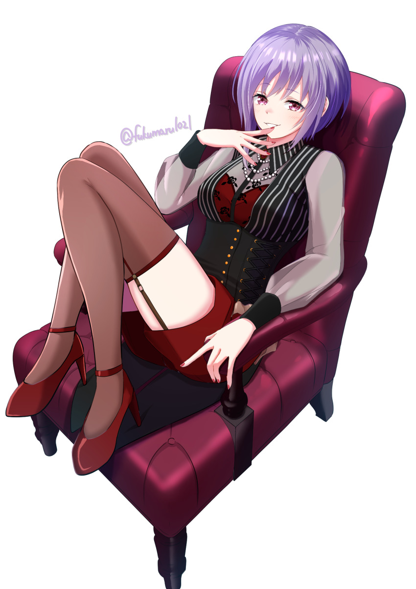 1girl amoris_(bang_dream!) bang_dream! bang_dream!_it&#039;s_mygo!!!!! bead_necklace beads black_corset blush breasts brooch chair coattails commentary corset fukumaru1021 garter_straps grey_shirt high_heels highres jewelry medium_breasts nail_polish necklace open_mouth purple_eyes purple_hair red_nails red_shoes red_shorts red_thighhighs see-through_clothes see-through_sleeves shirt shoes short_hair shorts simple_background solo thighhighs white_background yuutenji_nyamu