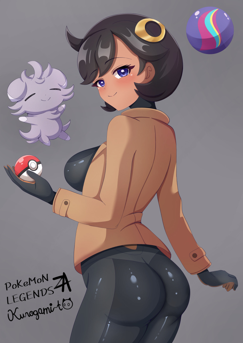 1girl absurdres ass black_bodysuit black_gloves black_hair blue_eyes blush bodysuit bodysuit_under_clothes breasts brown_jacket closed_eyes closed_mouth commentary_request copyright_name cowboy_shot dark-skinned_female dark_skin emma_(pokemon) espurr gen_6_pokemon gloves grey_background hair_ornament highres holding holding_poke_ball jacket kurogami1156 large_breasts latex latex_bodysuit looking_at_viewer mega_stone nintendo orange_gloves poke_ball poke_ball_(basic) pokemon pokemon_(creature) pokemon_legends:_z-a short_hair sidelocks signature simple_background skin_tight smile standing swept_bangs two-tone_gloves