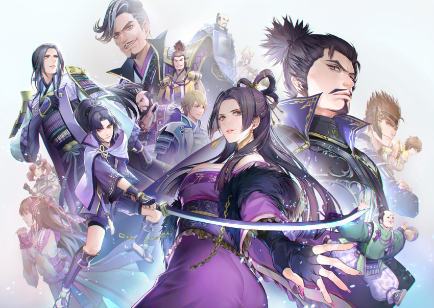 akechi_mitsuhide_(sengoku_musou) armor ass azai_nagamasa black_hair blonde_hair breasts brown_hair cleavage facial_hair fingernails goatee honda_tadakatsu hosokawa_gracia imagawa_yoshimoto japanese_clothes katana kemari kimono large_breasts lips long_fingernails long_hair maeda_toshiie matsunaga_hisahide mole mole_under_mouth mori_ranmaru nail_polish nene nouhime obi oda_nobunaga oichi own_hands_clasped parted_bangs ponytail red_hair sash sengoku_musou shibata_katsuie sword tight_clothes topknot toyotomi_hideyoshi weapon yoshicha