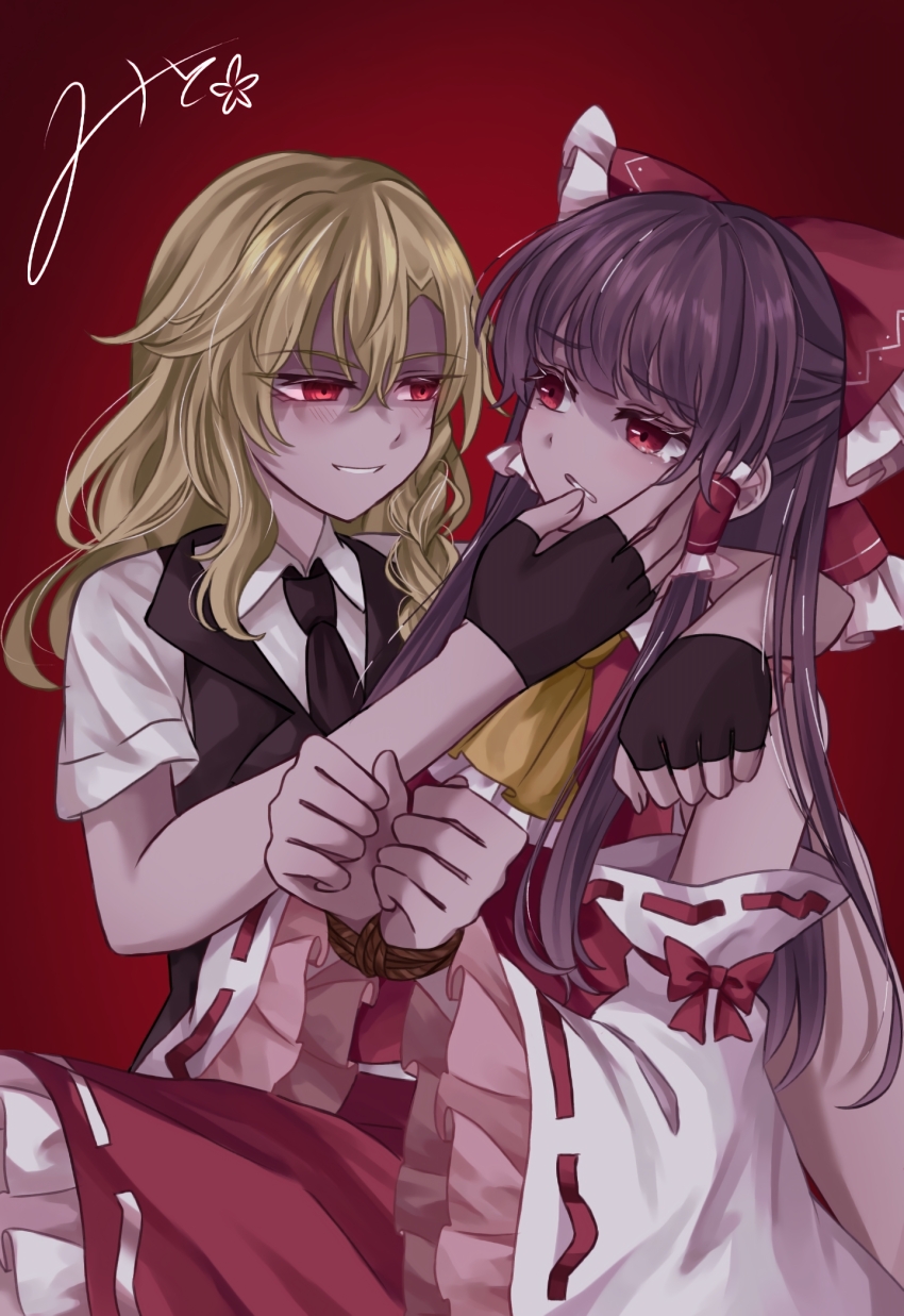 2girls ascot black_gloves black_necktie black_vest blonde_hair bound bound_wrists bow braid brown_hair collared_shirt commentary_request detached_sleeves eye_contact fingerless_gloves frilled_bow frilled_hair_tubes frills gloves hair_bow hair_tubes hakurei_reimu hand_on_another&#039;s_cheek hand_on_another&#039;s_face highres kirisame_marisa light_blush long_hair looking_at_another mito_(fate) multiple_girls necktie no_headwear red_background red_bow red_eyes red_skirt ribbon-trimmed_sleeves ribbon_trim shirt short_sleeves side_braid signature single_braid skirt skirt_set smile touhou vest white_shirt yandere yellow_ascot yuri