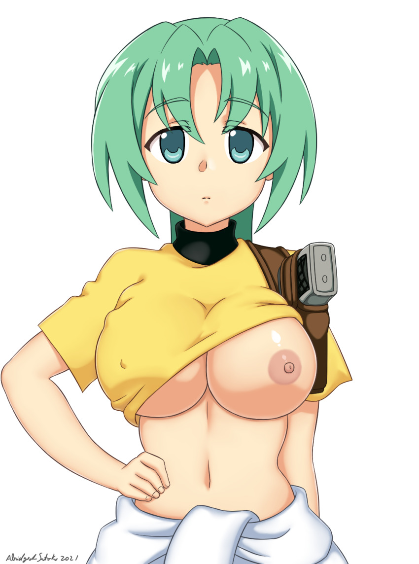 1girl abridged-satoko breasts breasts_out clothes_lift green_eyes green_hair hand_on_own_hip highres higurashi_no_naku_koro_ni large_breasts long_hair looking_at_viewer midriff navel nipples open_mouth ponytail shirt_lift solo sonozaki_mion