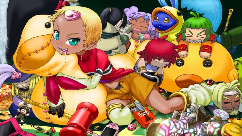 1girl blonde_hair blue_eyes blush boots boro candy chat_(tales) dark_skin earrings elbow_gloves fang farah_oersted fog_(tales) food forehead forehead_jewel gloves hammer handheld_game_console highres jewelry keele_zeibel lollipop meredy_(tales) namco navel nintendo_ds open_clothes open_shorts patty_fleur toy_hammer playstation_portable pocky quickie_(tales) rassius_luine reid_hershel shiny_skin short_hair shorts smile stuffed_animal stuffed_toy tales_of_(series) tales_of_eternia underwear unzipped very_short_hair