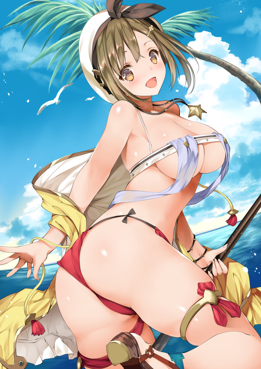 1girl adapted_costume ass atelier_(series) atelier_ryza atelier_ryza_1 bare_shoulders bikini blush breasts brown_eyes brown_hair cleavage day female_focus from_behind hair_ornament hairclip hat highres jewelry large_breasts looking_at_viewer necklace ocean open_mouth outdoors palm_tree reisalin_stout shiny_skin sideboob smile solo staff swimsuit tamiya_akito thigh_strap thighs tree