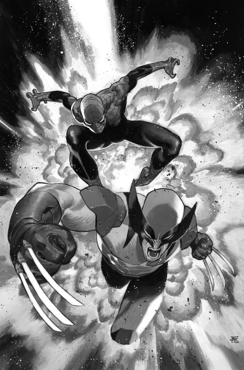 2boys bodysuit claw_(weapon) comic_cover dike_ruan eye_mask fighting_stance gloves greyscale highres male_focus marvel mask mask_on_head monochrome multiple_boys spider-man spider-man_(series) superhero_costume weapon wolverine_(x-men) x-men