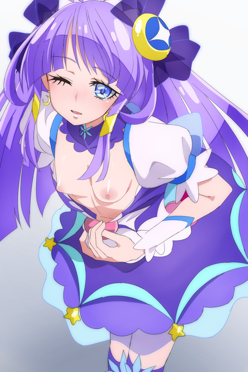 1girl absurdres blue_eyes bow breasts breasts_out clothes_pull crescent crescent_earrings cure_selene detached_collar dress dress_pull earrings eyelashes gradient_background grey_background hair_bow hair_ornament highres jewelry kaguya_madoka kneehighs leaning_forward looking_at_viewer nipples oimanji one_eye_closed parted_lips precure puffy_short_sleeves puffy_sleeves purple_dress purple_hair short_sleeves sidelocks small_breasts socks solo star_twinkle_precure wrist_cuffs