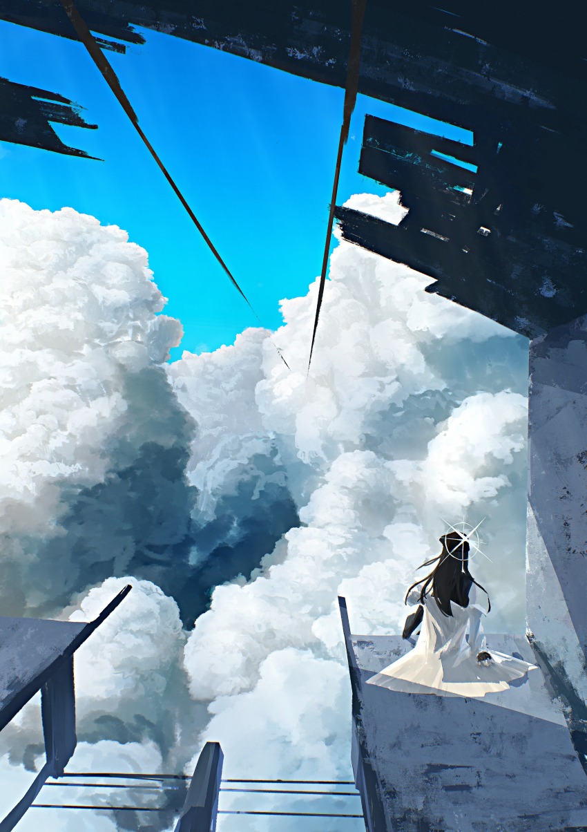 1girl absurdres black_gloves black_hair blue_archive blue_sky cable cloud coat coat_partially_removed commentary_request cumulonimbus_cloud day facing_away gloves halo high_up highres kani_etizen03 long_hair on_floor saori_(blue_archive) scenery sky solo white_coat white_halo