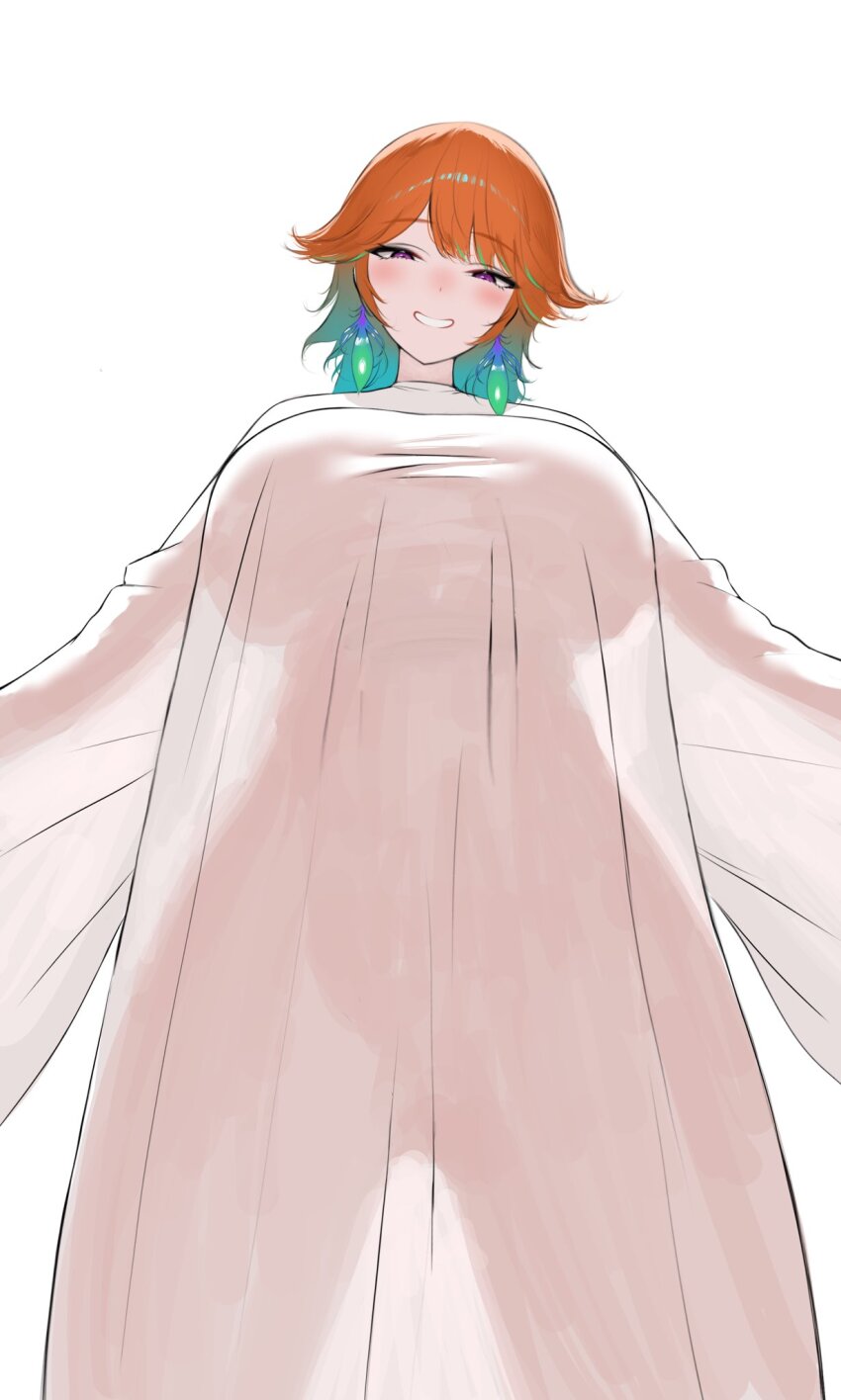 1girl blue_hair blush breasts colored_inner_hair earrings feather_earrings feathers from_below gradient_hair highres hololive hololive_english huge_breasts jewelry looking_at_viewer mulhubs multicolored_hair orange_hair purple_eyes see-through_clothes see-through_silhouette simple_background smile solo takanashi_kiara white_background