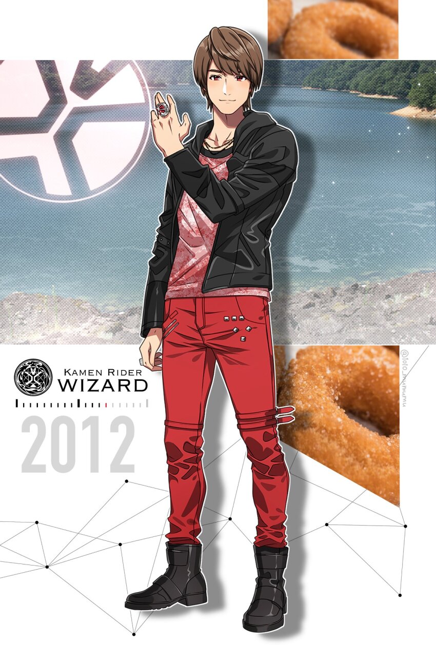 1010_mumumu 1boy 2012 animification black_footwear black_jacket brown_eyes brown_hair copyright_name denim donut food forest highres jacket jeans jewelry kamen_rider kamen_rider_wizard_(series) male_focus nature ocean open_hand pants photo_background red_eyes red_pants short_hair souma_haruto standing wizard