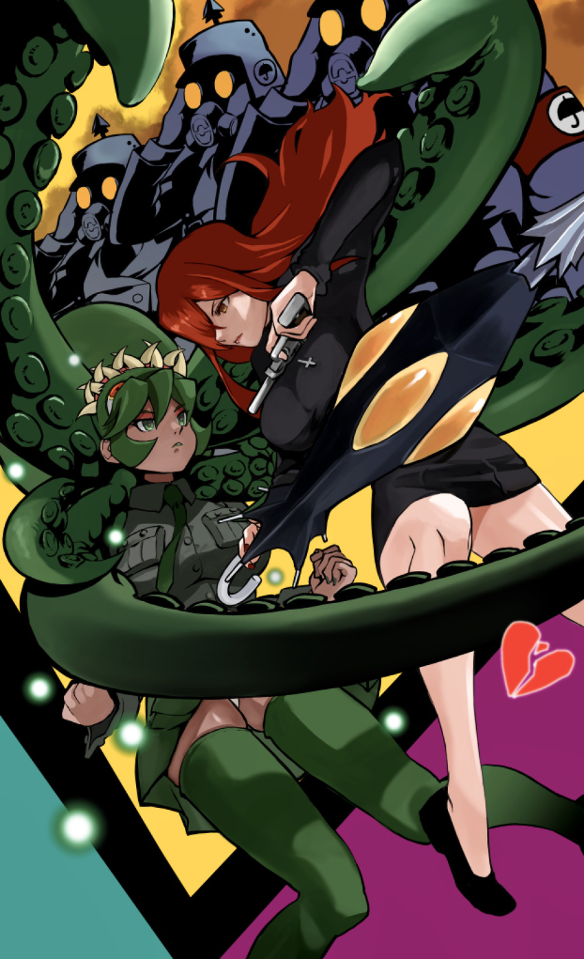 2girls armband black_egrets eyeshadow fighting fukua_(skullgirls) gas_mask gauss_&lt;bokashi green_hair green_lips gun handgun heart helmet highres holding holding_gun holding_umbrella holding_weapon krieg_(skullgirls) lipstick long_hair luger_p08 makeup mask military military_uniform multiple_girls necktie parasoul_(skullgirls) pistol pleated_skirt red_hair red_lips salute school_uniform shamone_(skullgirls) skirt skullgirls soldier tentacle_hair thighhighs umbrella weapon yellow_background