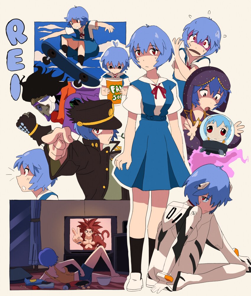 1girl absurdres ayanami_rei bag_of_chips black_hair black_socks blue_hair blue_shorts blue_skirt bodysuit bowl brown_coat brown_hat buttons character_name chimeraenvy chips_(food) clenched_hand closed_mouth coat commentary cosplay crystal_ball cup curtains dragon_ball dragon_ball_gt drinking drinking_straw drinking_straw_in_mouth english_commentary eva_00 evangelion_(mecha) flying_sweatdrops food hair_between_eyes hair_ornament hat highres holding holding_cup jojo_no_kimyou_na_bouken kneehighs kujo_jotaro_(cosplay) kuujou_joutarou long_sleeves lying mecha mecha_pilot_suit neon_genesis_evangelion on_side open_clothes open_coat open_mouth orange_scarf plugsuit_(evangelion) pointing red_eyes red_ribbon rei_chikita ribbon robot scarf school_uniform shirt shoes short_hair short_sleeves shorts skateboard skateboarding skirt socks son_goku stand_(jojo) standing star_platinum star_platinum_(cosplay) television tokyo-3_middle_school_uniform v watching_television white_background white_bodysuit white_shoes window yellow_shirt