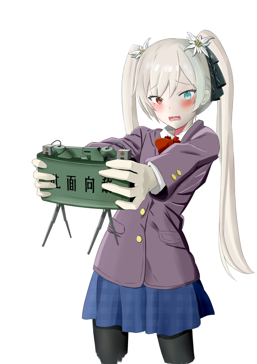 1girl absurdres black_pantyhose black_ribbon blonde_hair blue_eyes blue_skirt blush bow bowtie brown_eyes buttons claymore_(mine) explosive flower hair_flower hair_ornament hair_ribbon heterochromia highres holding holding_weapon looking_at_viewer mine_(weapon) original pantyhose red_bow red_bowtie ribbon school_uniform skirt solo tsundere twintails wavy_mouth weapon white_background white_flower zijing_sang