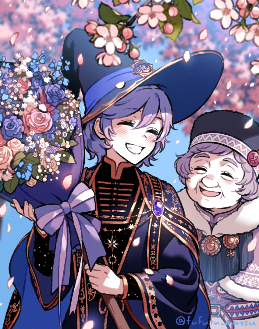 1boy 1girl blue_background bouquet broom cherry_blossoms closed_eyes commentary_request epel_felmier falling_petals flower funuyu grandma grin hat highres holding holding_bouquet holding_broom marja_felmier old old_woman outdoors petals purple_hair robe short_hair smile twisted_wonderland upper_body witch_hat
