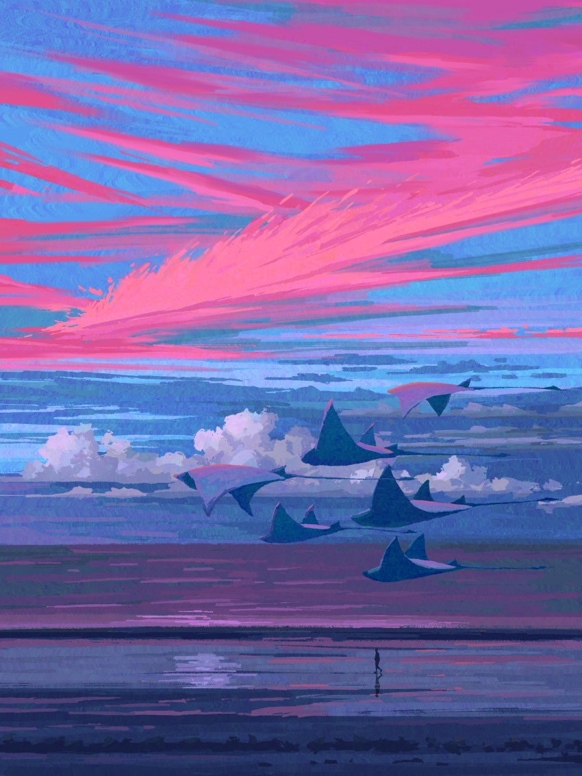 1other absurdres beach cloud cloudy_sky commentary english_commentary evening fangpeii fish flying_fish highres horizon landscape manta_ray ocean original reflection scenery sky sunset very_wide_shot walking