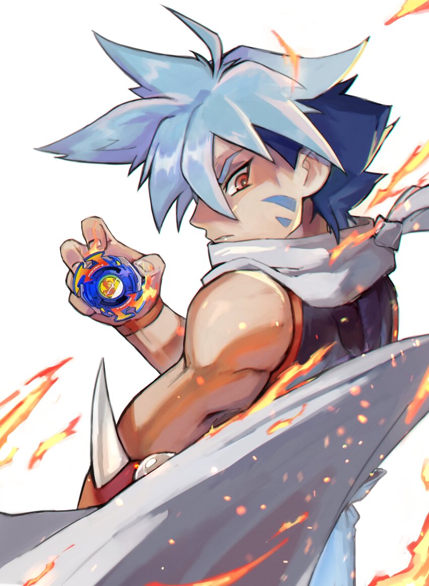 1boy absurdres arupg bakuten_shoot_beyblade bare_shoulders beyblade beyblade_(object) blue_hair commission cowboy_shot fire from_behind highres hiwatari_kai holding looking_at_viewer looking_back male_focus red_eyes scarf short_hair simple_background solo white_background white_scarf