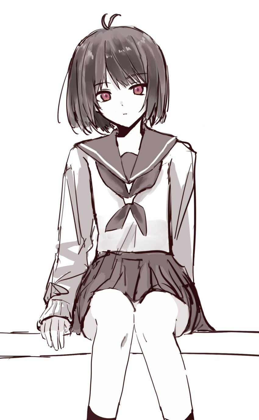 :o ankle_socks antenna_hair black_hair bob_cut highres long_sleeves looking_at_viewer monochrome osanai_yuki pleated_skirt red_eyes sailor_collar school_uniform serafuku short_hair shoushimin_series sitting skirt socks yuuhi_mari
