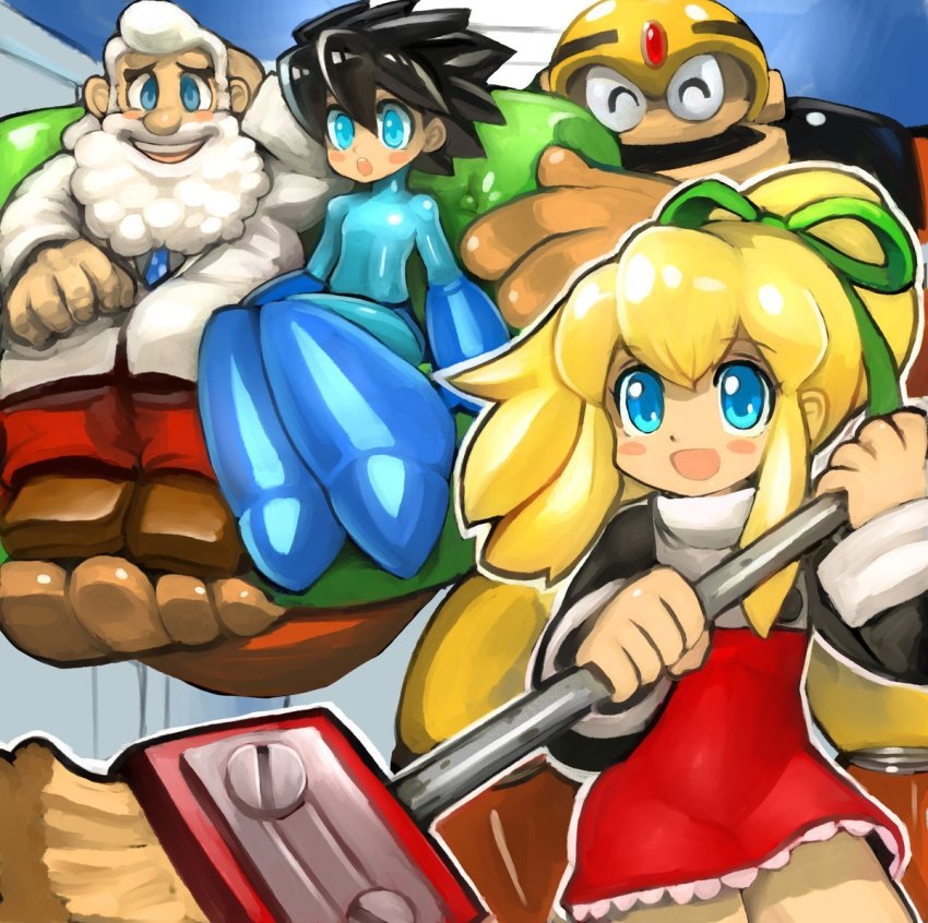 1girl ^_^ android blonde_hair blue_eyes blush closed_eyes dakusuta dr._light_(mega_man) dress facial_hair green_ribbon guts_man hair_ribbon long_hair mega_man_(character) mega_man_(classic) mega_man_(series) mega_man_1 multiple_boys open_mouth ponytail red_dress red_skirt ribbon robot roll_(mega_man) skirt smile white_hair
