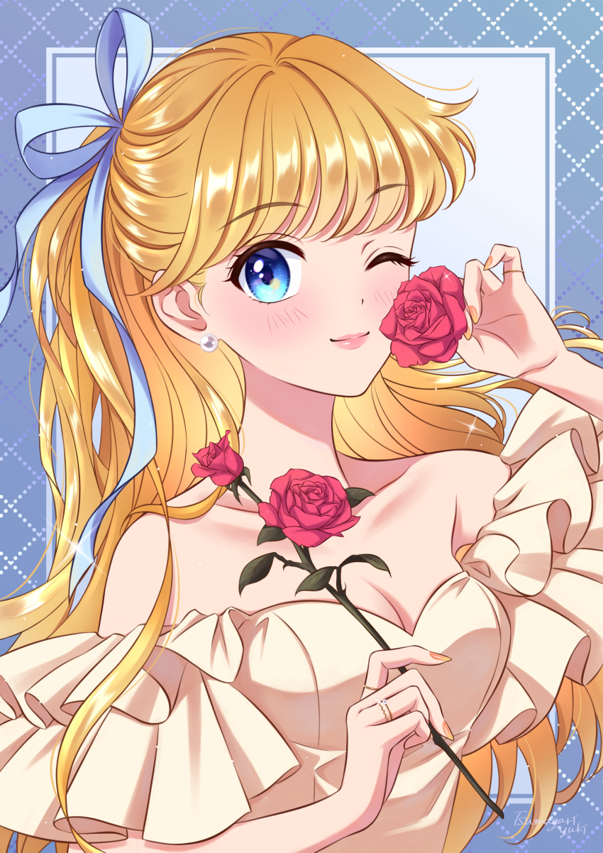 1girl aino_minako alternate_costume alternate_hairstyle bishoujo_senshi_sailor_moon blonde_hair blue_eyes breasts cleavage flower hair_ribbon highres holding lips one_eye_closed ribbon rose small_breasts smile tsumagari_yuki white_ribbon