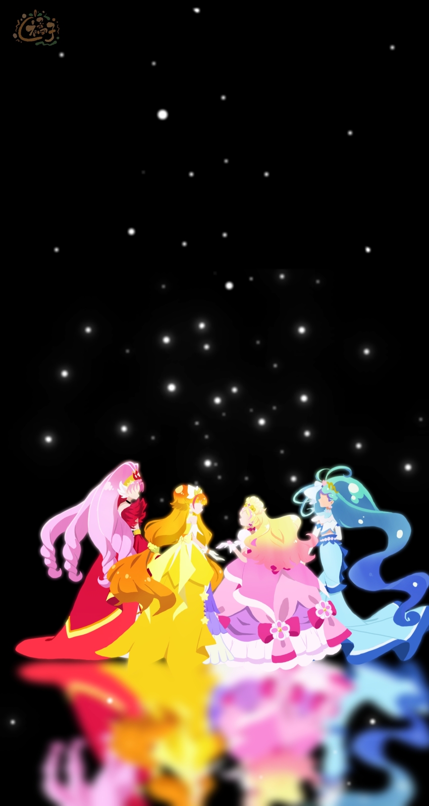 absurdly_long_hair absurdres akagi_towa amanogawa_kirara aqua_hair beads black_background blonde_hair blue_dress blue_hair bow bridal_gauntlets brown_hair chinese_commentary commentary_request cure_flora cure_flora_(mode_elegant) cure_mermaid cure_mermaid_(mode_elegant) cure_scarlet cure_scarlet_(mode_elegant) cure_twinkle cure_twinkle_(mode_elegant) dress dress_bow dress_flower earrings faceless faceless_female flower flower_earrings from_side gloves go!_princess_precure gold_tiara gown gradient_hair hair_bun hair_ornament hair_ribbon hair_tie half_updo haruno_haruka highres jewelry kaidou_minami long_dress long_hair low_twintails magical_girl moshanghuakai multicolored_hair necklace pearl_necklace pink_bow pink_dress pink_hair precure puffy_short_sleeves puffy_sleeves red_dress red_hair reflective_floor ribbon ringlets shell shell_earrings short_sleeves single_hair_bun snowing standing streaked_hair twintails two_side_up very_long_hair wavy_hair white_bridal_gauntlets white_gloves white_sleeves wing_hair_ornament yellow_dress
