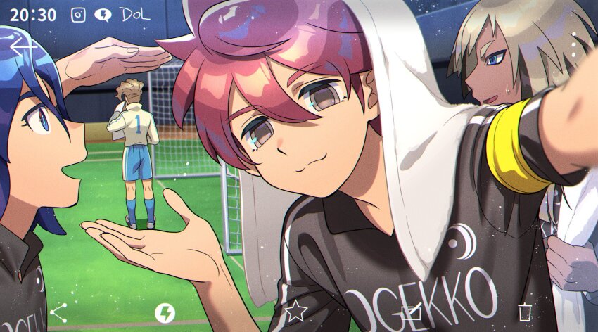 4boys armband black_hair black_shirt blonde_hair blue_hair blue_shorts blue_socks dolustoy goal goalkeeper highres ichihoshi_hikaru inazuma_eleven_(series) inazuma_eleven_ares_no_tenbin kneehighs male_focus multicolored_hair multiple_boys nishikage_seiya nosaka_yuuma okano_kousuke outei_tsukinomiya reaching reaching_towards_viewer red_hair selfie shirt shorts soccer_field soccer_uniform socks sportswear taking_picture timestamp towel towel_around_neck towel_on_head upper_body white_shirt yellow_armband
