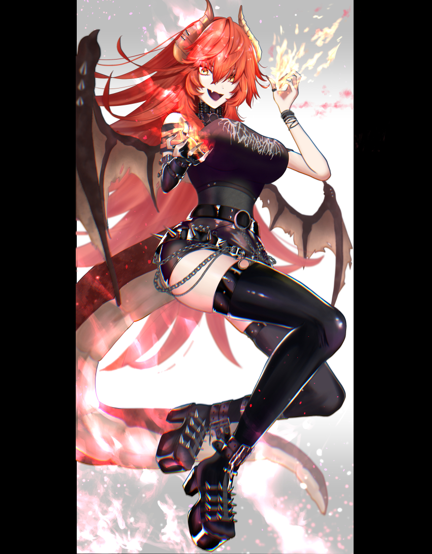 1girl absurdres belt black_belt black_boots black_nails black_shorts black_tank_top black_thighhighs boots breasts chain dragon_girl dragon_horns dragon_tail dragon_wings fang fire high_heel_boots high_heels highres horns large_breasts long_hair mishima_nina nail_polish open_mouth red_hair shorts skin_fang smile solo spiked_belt tail tank_top thighhighs virtual_youtuber vshojo wings yellow_eyes zentreya zentreya_(dragon) zentreya_(dragon)_(metalheads)