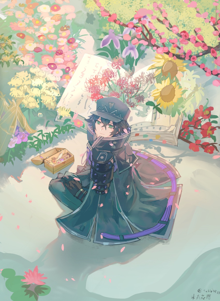 1boy absurdres armor artist_name black_coat black_gloves black_hair black_hat black_pants book box cherry_blossoms chrysanthemum closed_mouth coat commentary crossed_bangs falling_petals feathers flower gloves grass green_eyes hair_between_eyes hat highres iris_(flower) japanese_armor japanese_quince lily_(flower) lily_pad long_sleeves looking_at_viewer looking_up male_focus military_hat open_book osmanthus oversized_object pants peony_(flower) petals pink_flower plum_blossoms pouch purple_flower quince_flower rapeseed_blossoms red_flower short_hair shoulder_armor signature sitting smile sode solo spider_lily suishinshi_masahide_(touken_ranbu) sunflower table4581 touken_ranbu twitter_username water_lily_flower yellow_flower yellow_spider_lily