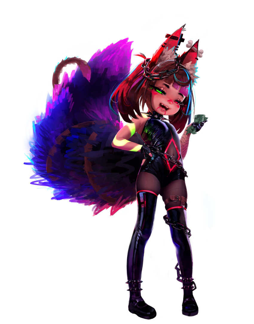 1girl :3 absurdres animal_ear_fluff animal_ear_piercing animal_ears armpit_crease asymmetrical_gloves banknote bare_shoulders belt black_gloves black_leotard black_pantyhose blunt_bangs blush bone_earrings boots brown_hair cat_tail chain clothing_cutout collar commission cross cross_earrings dollar_bill earrings facial_mark fangs female_focus fingerless_gloves fishnet_gloves fishnets fiz-rot flat_chest fox_ears fox_girl fox_tail full_body gloves glowing_tattoo gluteal_fold green_eyes half-closed_eyes hand_on_own_hip hand_up happy highres holding holding_money indie_virtual_youtuber intertwined_tails jewelry large_tail latin_cross layered_gloves leotard loli medium_hair mismatched_gloves money multicolored_hair multiple_tails nail_polish navel navel_cutout neon_trim non-web_source nose_blush nyudachi open_mouth pantyhose pigeon-toed pink_nails pink_trim purple_hair red_eyes seductive_smile shiny_clothes sidelocks simple_background skin_tight skindentation smile solo spiked_boots spiked_collar spikes standing streaked_hair tail teeth thigh_belt thigh_boots thigh_strap tongue transparent_background two-tone_hair two_tails