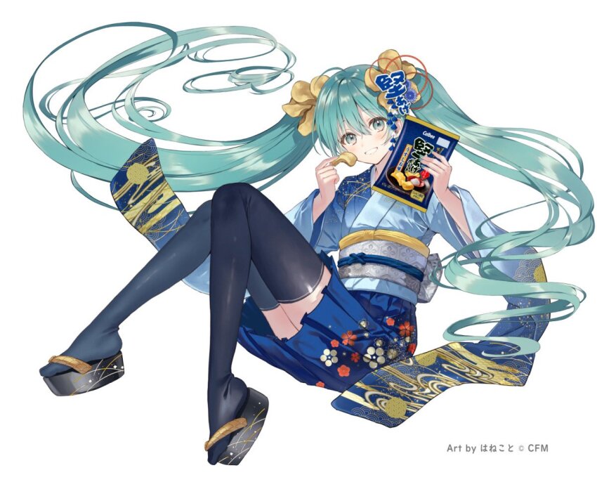 1girl aqua_eyes aqua_hair artist_name black_thighhighs floating_hair food full_body hair_between_eyes hanekoto hatsune_miku holding holding_food japanese_clothes long_hair long_sleeves looking_at_viewer official_art parted_lips sandals simple_background smile solo tabi thighhighs twintails very_long_hair vocaloid white_background wide_sleeves