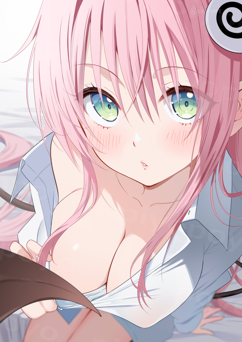 1girl blush breasts cleavage collarbone comiket_105 commentary_request covered_erect_nipples from_above green_eyes hair_ornament highres lala_satalin_deviluke large_breasts long_hair looking_at_viewer parted_lips pink_hair piyopoyo shirt solo tail to_love-ru white_shirt