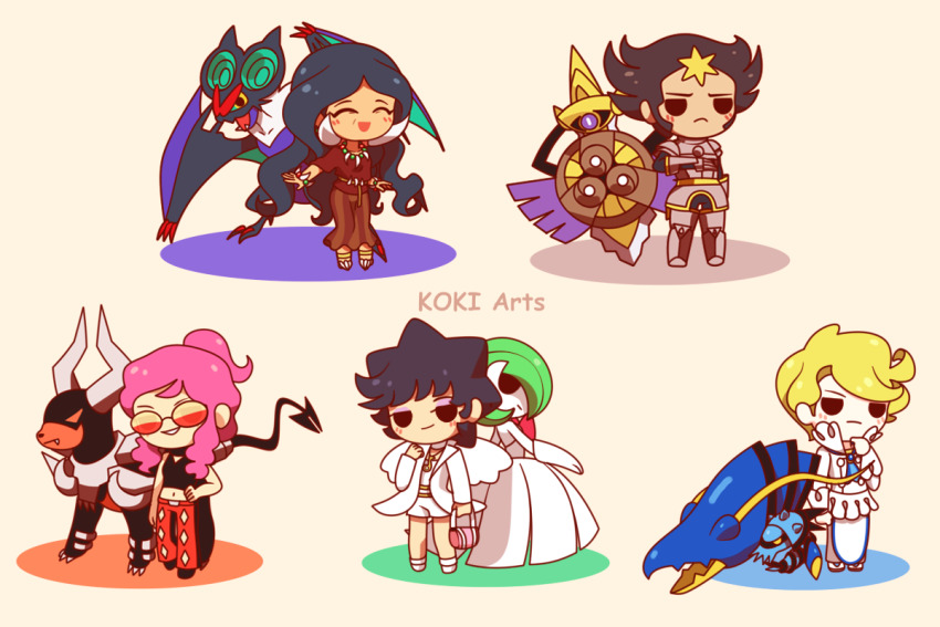 2boys 3girls aegislash apron armor artist_name bag bead_necklace beads black_footwear black_hair black_shirt blonde_hair blue_hair bracelet brown_shirt brown_skirt chibi clawitzer closed_eyes closed_mouth commentary diantha_(pokemon) drasna_(pokemon) english_commentary eyelashes full_body gardevoir gen_2_pokemon gen_3_pokemon gen_6_pokemon grin hand_on_own_hip handbag holding holding_bag houndoom jacket jewelry koki_arts long_hair long_sleeves malva_(pokemon) mature_female mega_gardevoir mega_houndoom mega_pokemon midriff multiple_boys multiple_girls navel necklace nintendo noivern open_clothes open_jacket open_mouth pants pink_bag pokemon pokemon_(creature) pokemon_xy ponytail red-tinted_eyewear red_pants shirt short_hair short_sleeves shorts siebold_(pokemon) simple_background skirt sleeveless sleeveless_shirt smile standing sunglasses tinted_eyewear white_apron white_footwear white_jacket white_shirt white_shorts wikstrom_(pokemon)