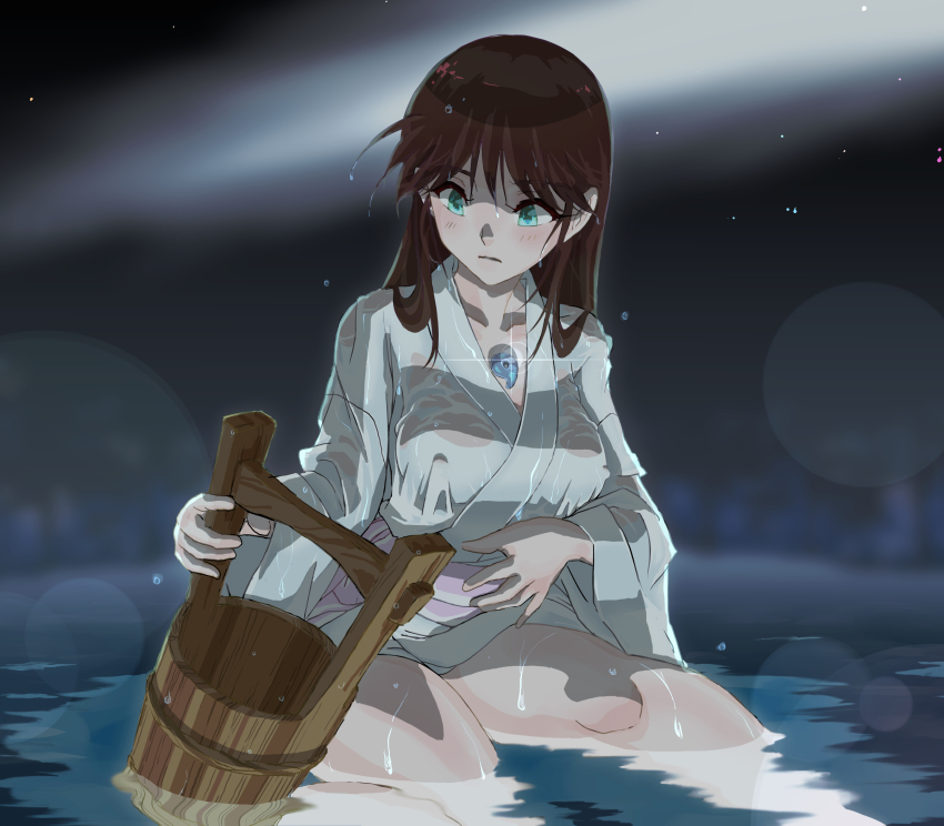 1girl blue_seed brown_hair bucket fujimiya_momiji green_eyes highres japanese_clothes kimono long_hair magatama see-through_clothes solo user_cdkz8872 water wet wet_clothes white_kimono wooden_bucket