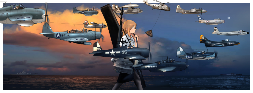 6+girls absurdres aircraft airplane alternate_hair_color amphibious_helicopter battleship black_pantyhose black_skirt blue_eyes bolt_action brown_hair cloud day dress_shirt fairy_(kancolle) fighter_jet gun helicopter highres hornet_(kancolle) kantai_collection long_hair m1903_springfield military_vehicle mini_person minigirl multiple_girls ocean outdoors pantyhose pencil_skirt personification rifle rigging ship shirt short_sleeves skirt timmyyen uss_hornet_(cv-12) warship watercraft weapon weapon_case white_shirt